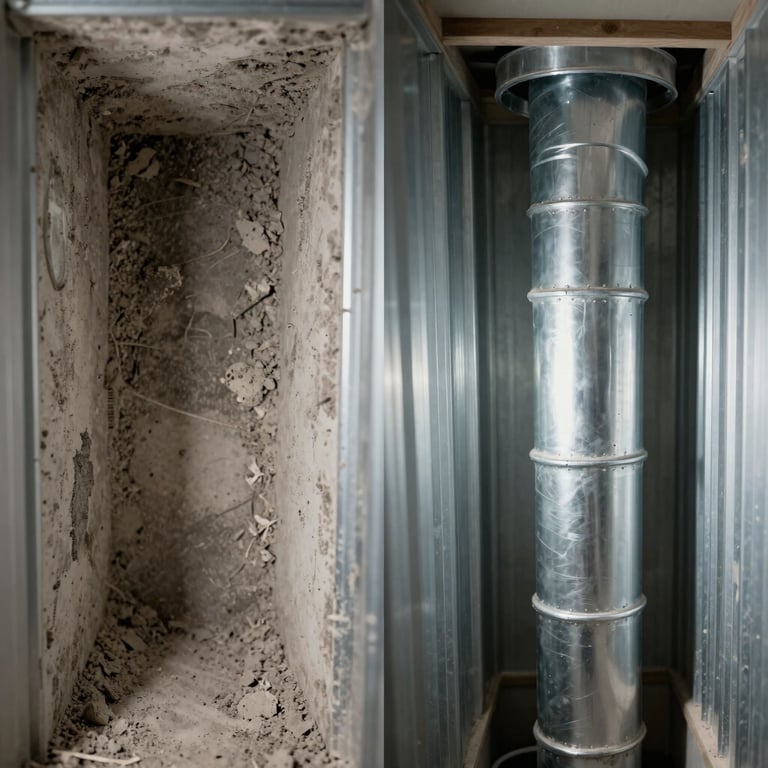 Side-by-side macro comparison of a residential duct interior — left half showing thick grey dust and debris coating the metal walls, right half showing the same duct section clean and bare metal visible, task lighting illuminating both sides clearly, no people, framed tight to fill the frame edge to edge