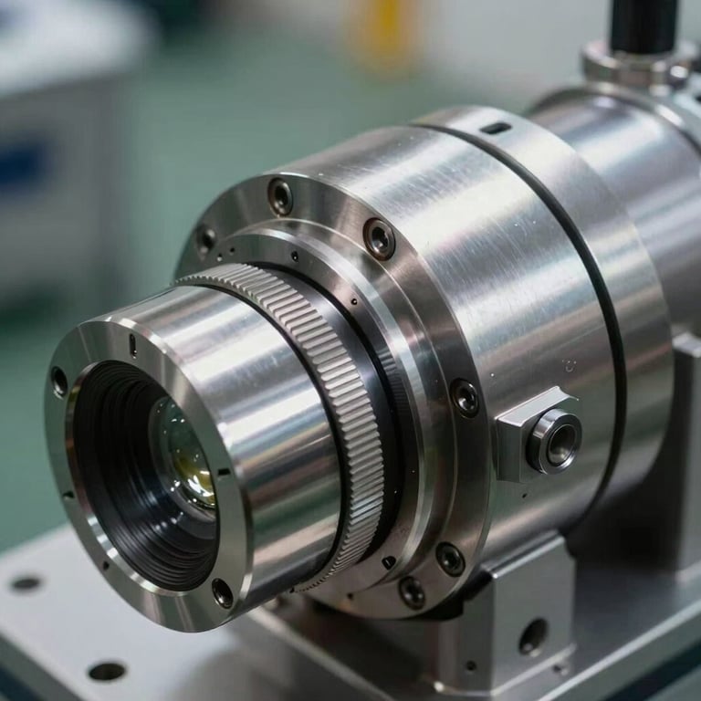 Detailed macro photography of precision industrial machinery components in a clean, polished steel finish.