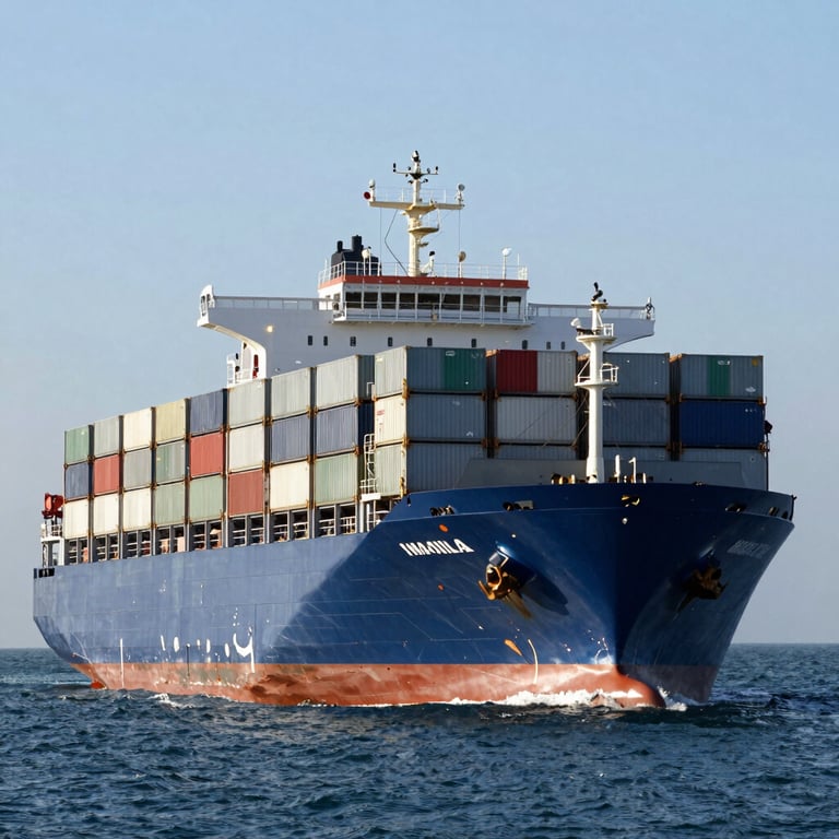 A large container ship navigating the English Channel under a clear sky, clean steel blue tones.