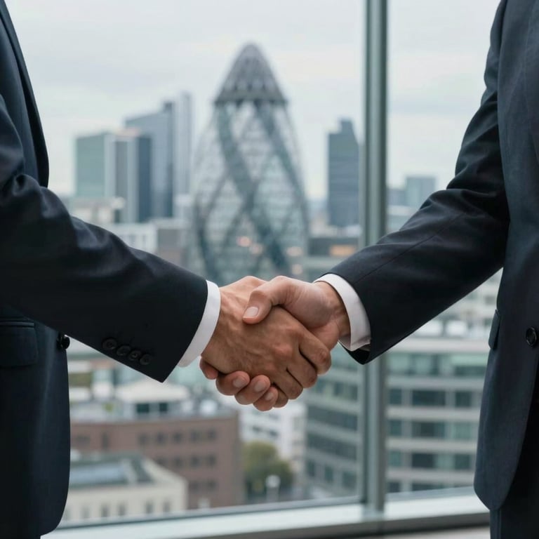 A professional handshake between two business partners in a glass boardroom with a blurred London skyline.