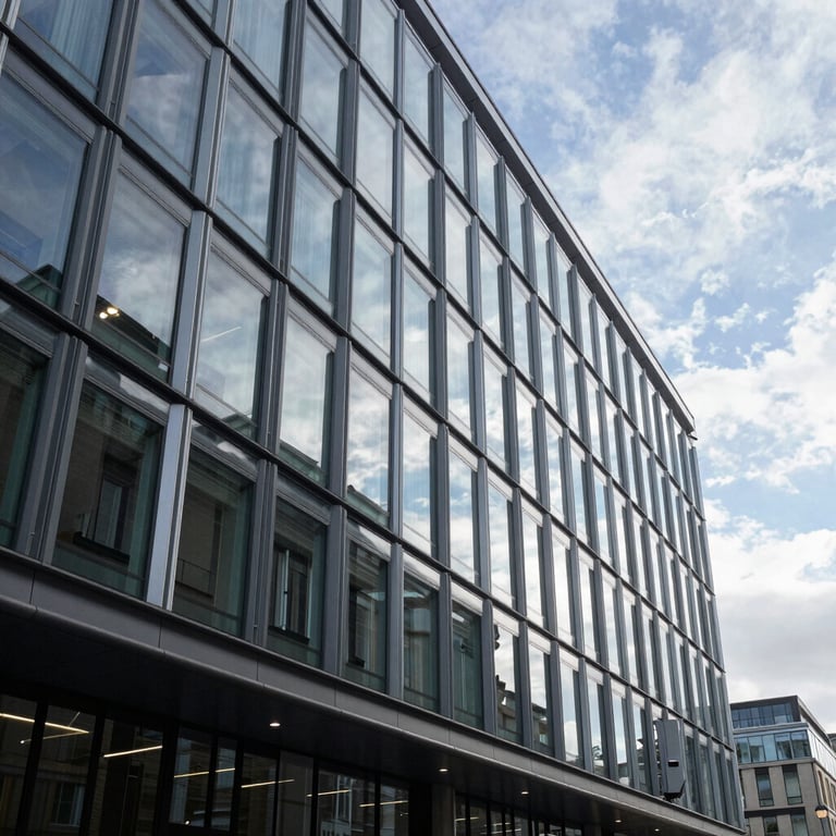 A clean architectural shot of a modern glass-and-steel corporate headquarters in the UK during the daytime.