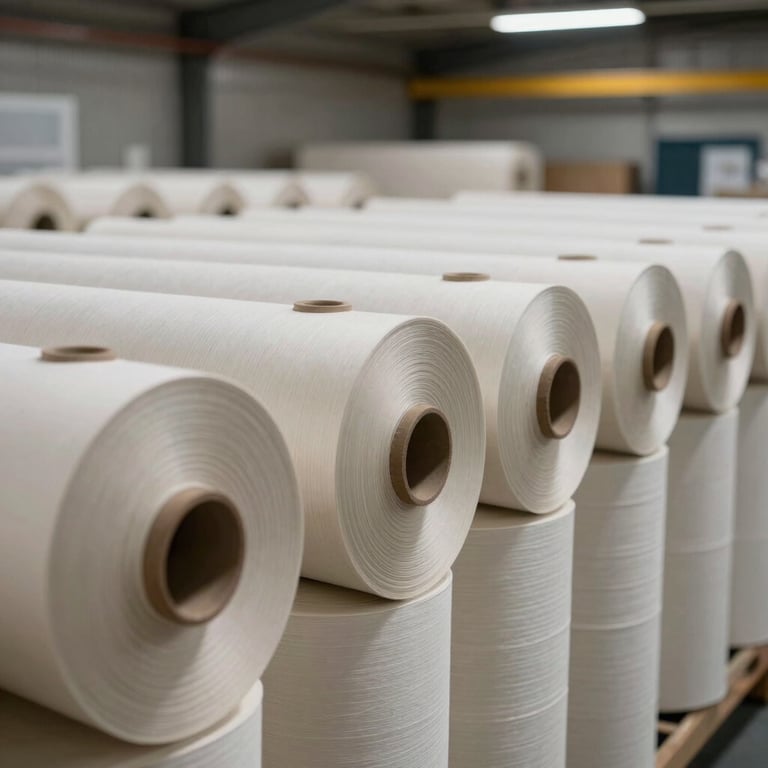 A rows of premium fabric rolls in a modern textile warehouse, organized and professionally lit.