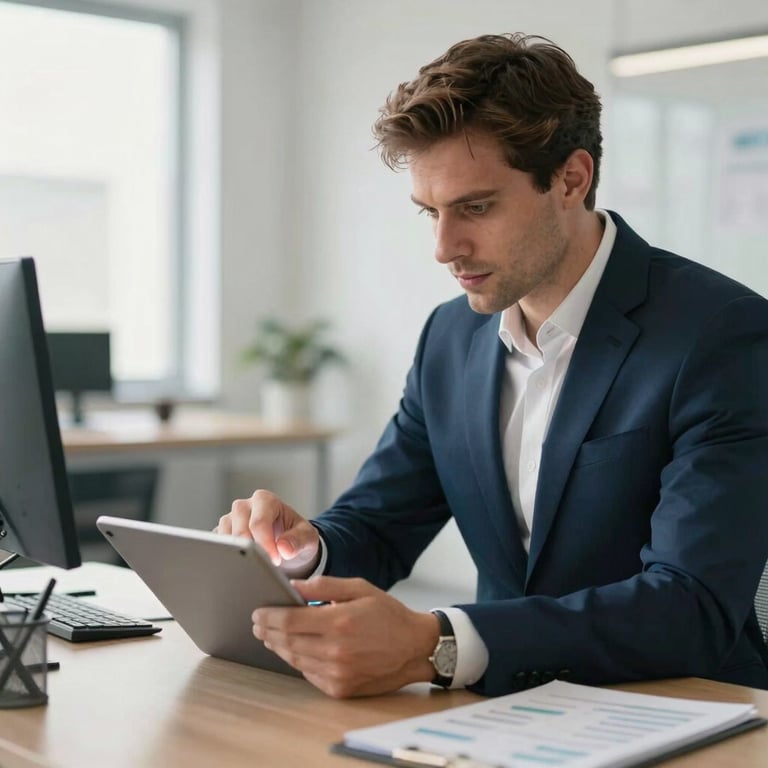 A Western European trade professional in a navy suit reviewing supply chain data on a tablet in a bright office.