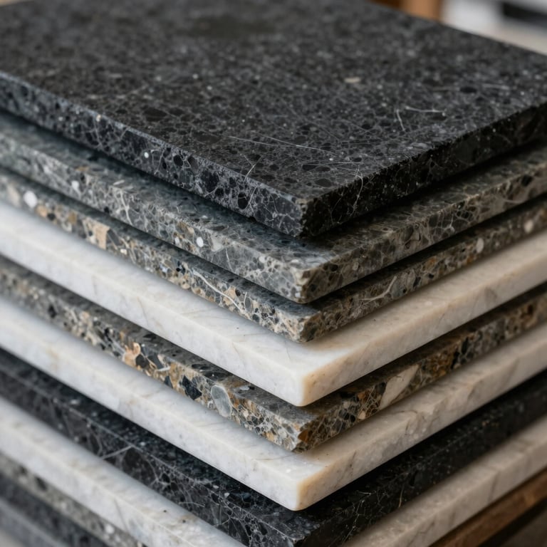 A stack of multi-colored natural stone slabs showcasing the diverse portfolio of a global distributor, from deep blacks to soft whites.