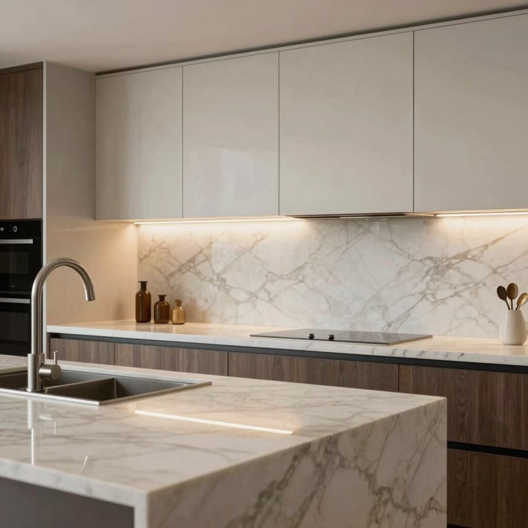 A sophisticated modern kitchen interior featuring seamless marble countertops and backsplash in a light cream and brown palette. International / Global architecture.
