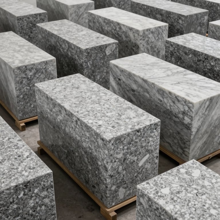 A wide shot of an organized storage facility showing rows of massive granite and marble blocks ready for distribution, conveying scale and reliability.