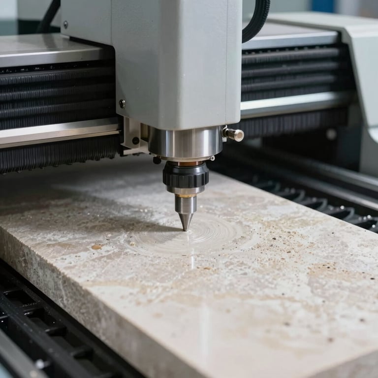 A detailed view of a precision water-jet cutting machine shaping a piece of fine stone in a clean, professional manufacturing setting.