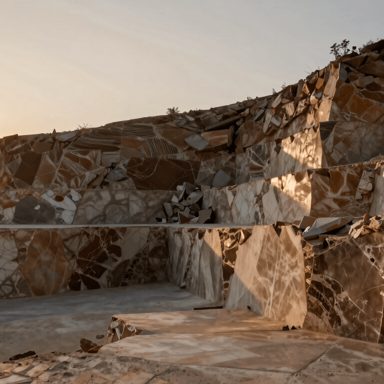 A close-up photograph of a polished white marble slab with intricate dark grey veining, reflecting soft indoor lighting in a luxury showroom. International / Global style.