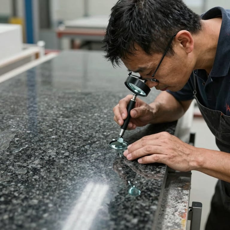 A professional stonemason in a high-tech facility meticulously inspecting the surface of a polished dark granite slab with a magnifying glass.