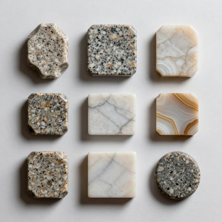 A flat lay of various small stone samples including granite, marble, and onyx arranged neatly on a designer's desk with soft shadows.