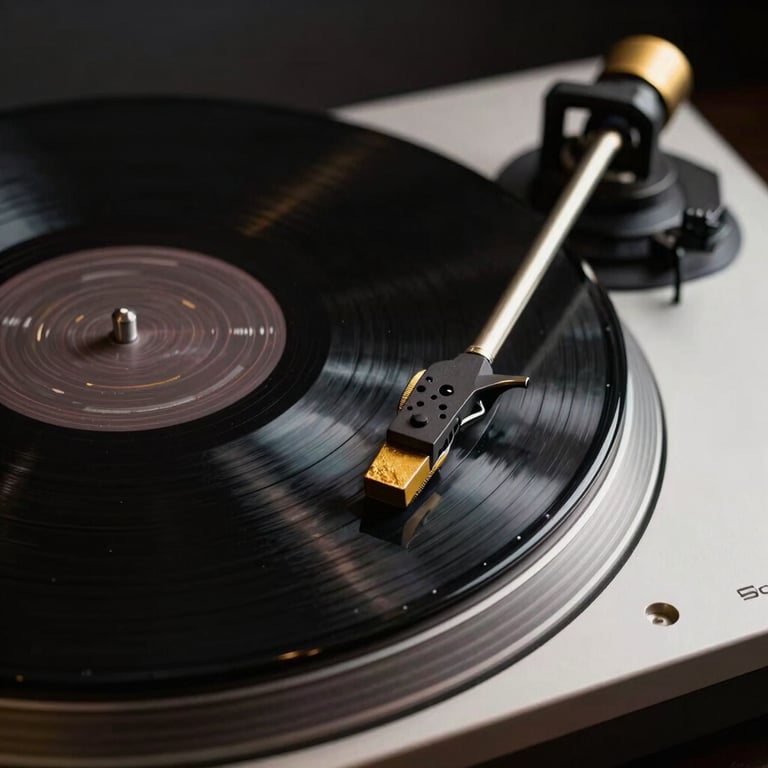 Textured black vinyl record spinning on a high-end turntable, gold leaf accents on the needle arm, low-key dramatic lighting.