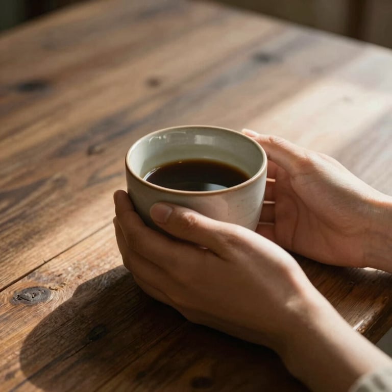 Close-up of hands holding a warm ceramic cup on a rustic wooden table, soft morning shadows, cozy and calm atmosphere.
