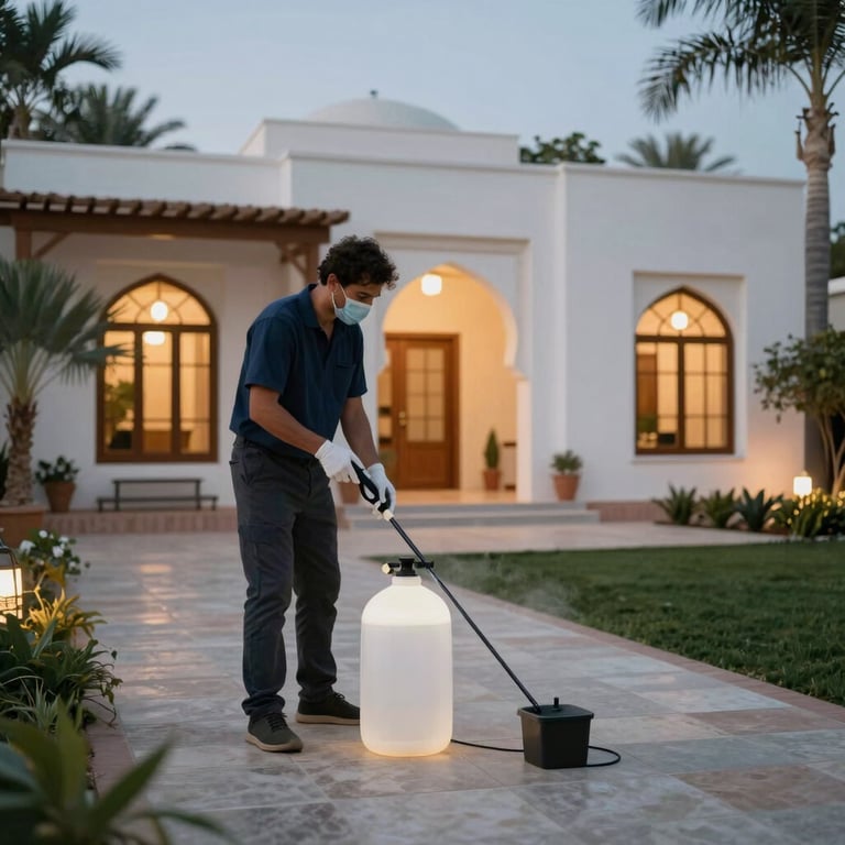 A clean and modern Moroccan villa garden being treated with specialized pest control methods at dusk.