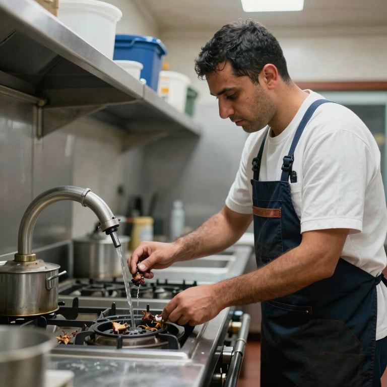 A technician inspecting a commercial kitchen in Marrakech, dressed in professional gear, focusing on sanitation and pest prevention.