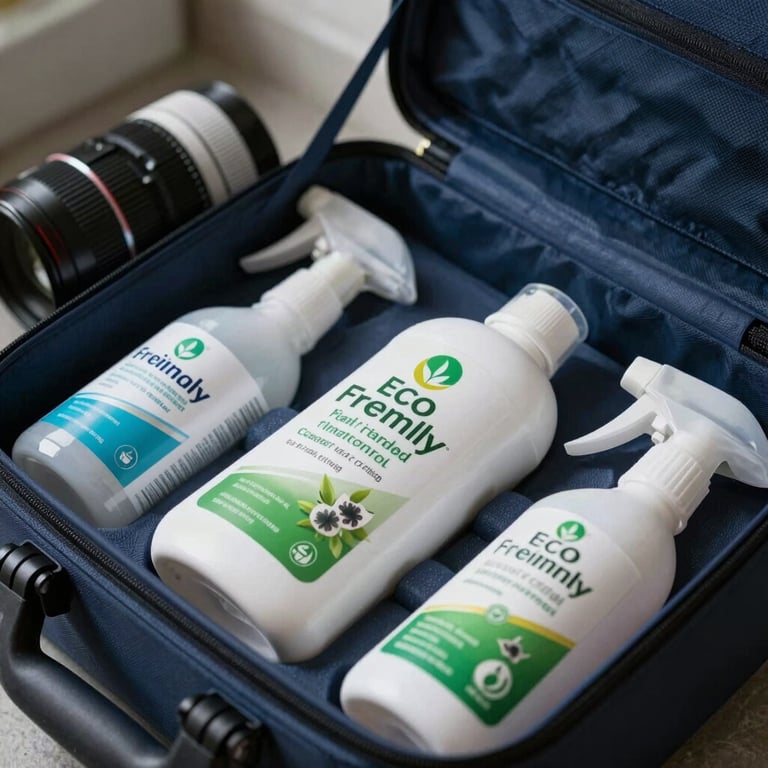 Close-up of eco-friendly and safe pest control products neatly organized in a professional dark blue carry case.