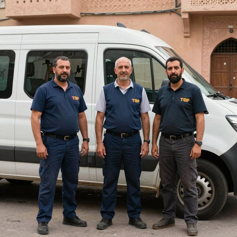 The TopCleaning team standing professionally in front of their service vehicle in a street in Marrakech.