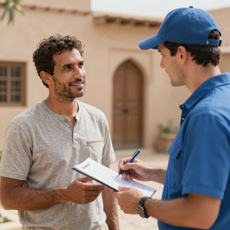 A satisfied homeowner in a North African setting talking to a pest control expert about prevention strategies.