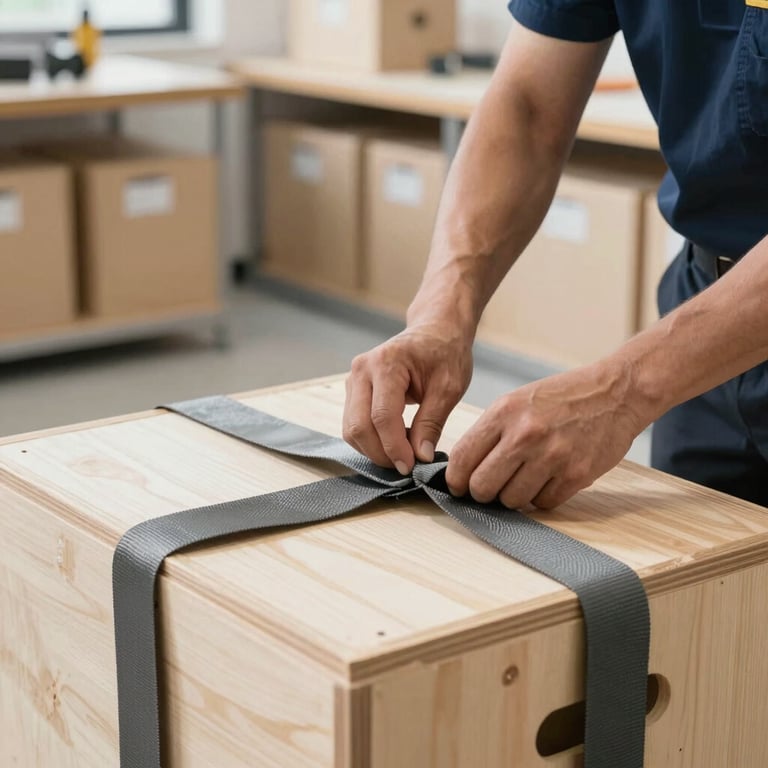 Close-up of professional hands in uniform carefully securing heavy-duty straps around a wooden crate, clean modern interior with labeled double-walled boxes, bright natural light.