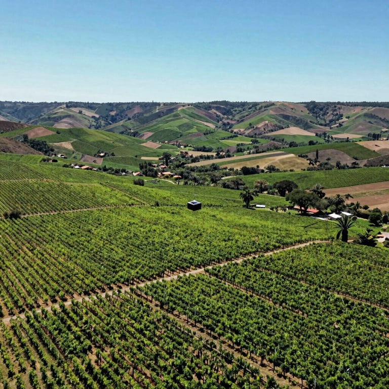 Aerial view of lush vineyards in a Latin American valley captured by a professional drone, vibrant greens and a clear light blue sky, wide-angle cinematic composition.