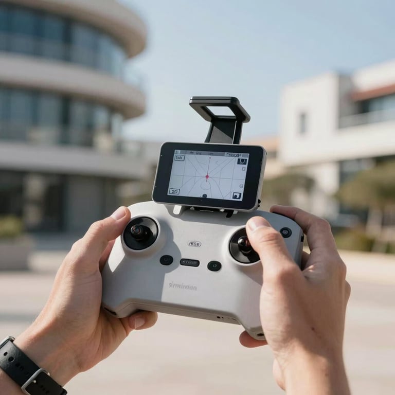Close-up of a drone pilot's hands in the Spanish sun holding a high-end remote controller, screen showing off-white telemetry data, blurred modern architecture background.