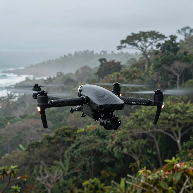 A carbon-fiber drone flying through a dense coastal forest in Latin America, misty morning light with greyish blue atmospheric haze, high-tech equipment in nature.