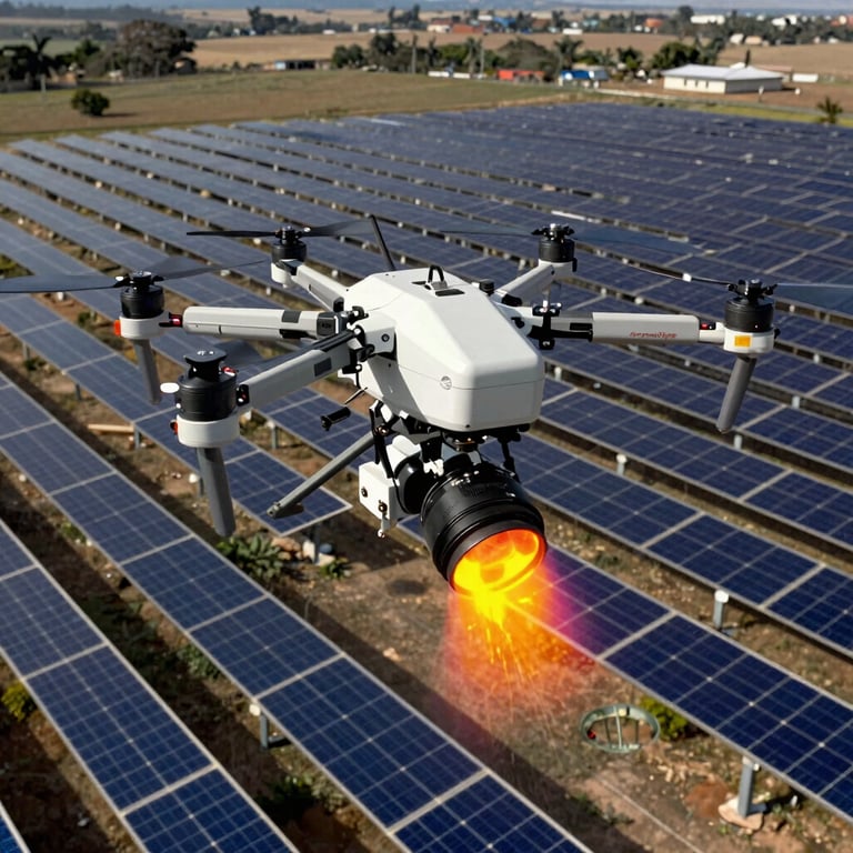 Thermal imaging drone scanning a solar farm in a Latin American region, high-contrast technical display of heat signatures with industrial precision.