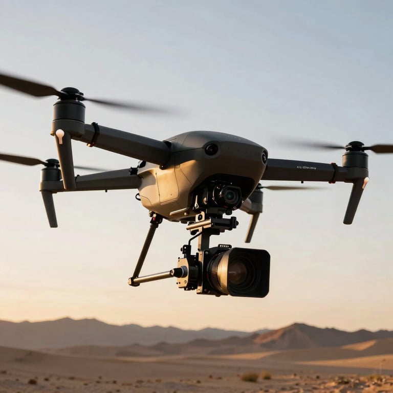 Low angle shot of a heavy-lift cinematography drone equipped with a professional camera, golden hour lighting in a desert landscape, high-end production style.