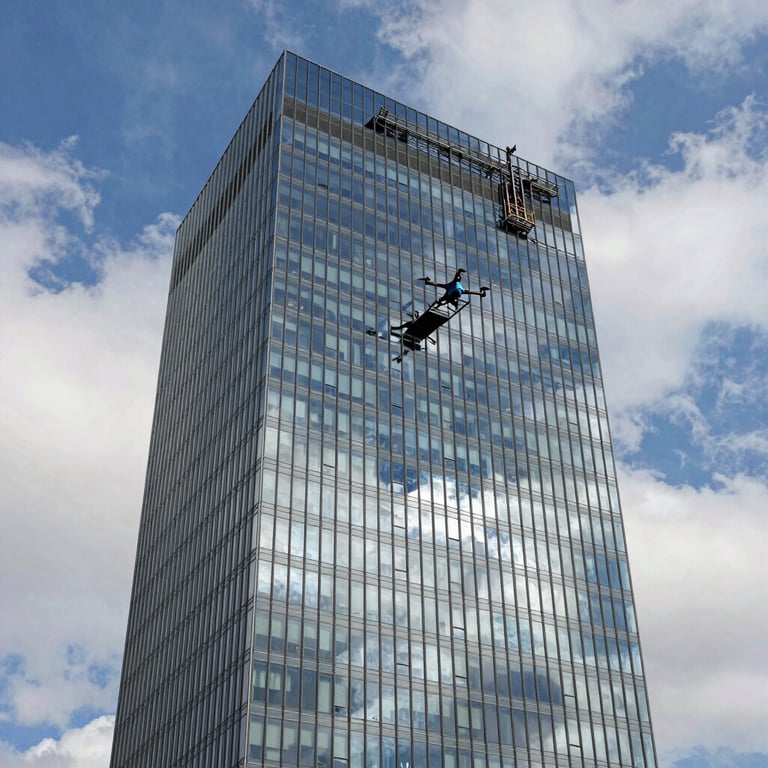 Wide shot of a drone performing a structural inspection of a modern glass skyscraper in Spain, reflecting the light blue sky and off-white clouds.