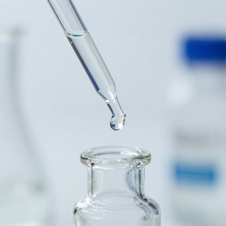 A minimalist pipette tip dispensing a clear liquid into a vial, scientific precision focus, brand colors used for liquid glow.