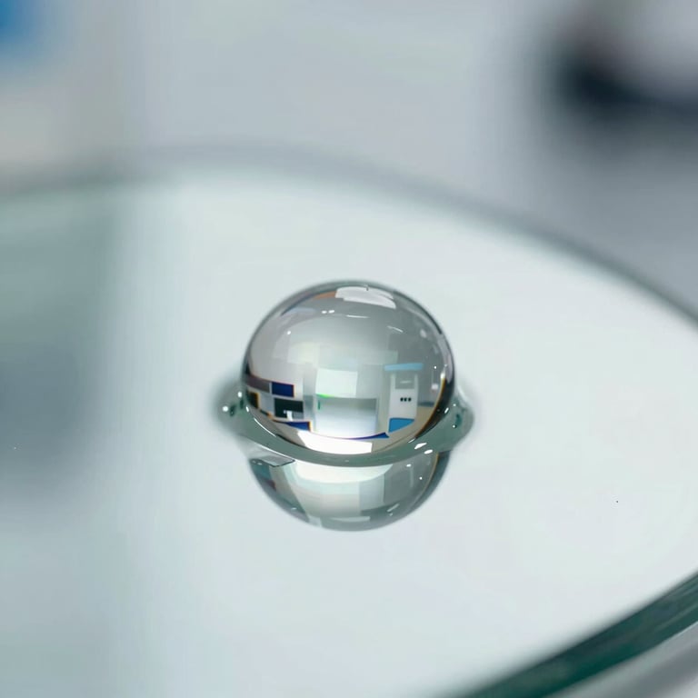 A macro shot of a single water droplet on a clean glass surface, reflecting a lab environment, palette of #AECDCB and #F3F8F8.