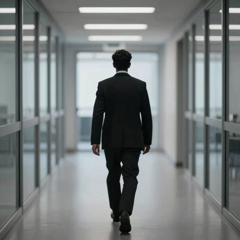 A blurred silhouette of a professional researcher walking through a modern, glass-walled corridor, lighting in #1A2F2F.