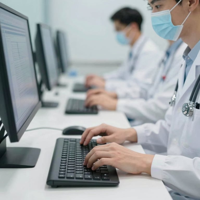 Close up of medical professionals hands typing on a sleek, high-end computer interface.