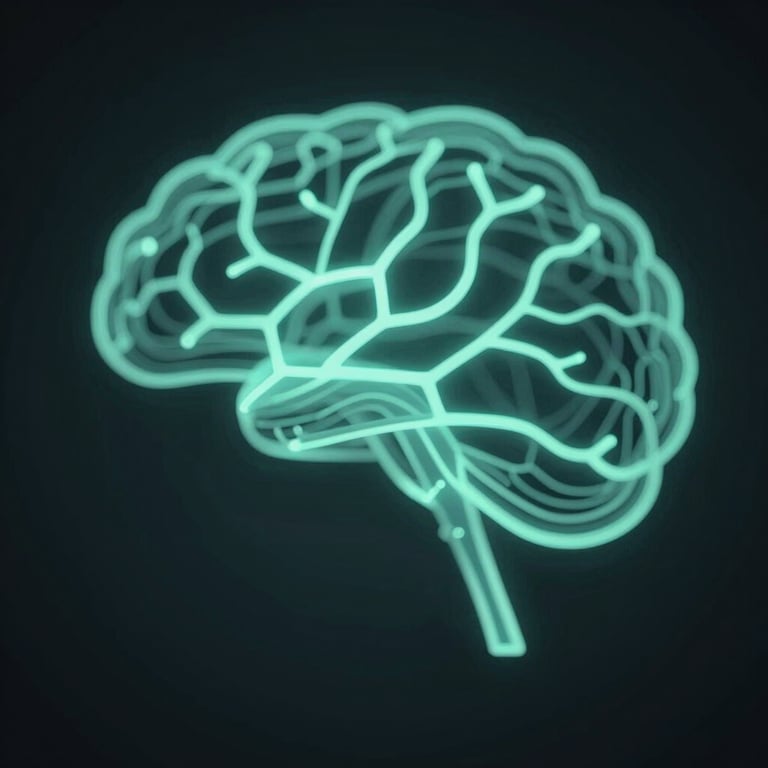 Stylized neural network pathways glowing softly in #4B7F7F against a dark backdrop.