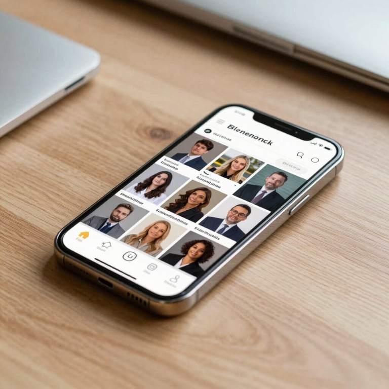 Detailed photography of a modern smartphone showing professional social media feeds, placed on a light oak desk in a South American / Brazilian office.