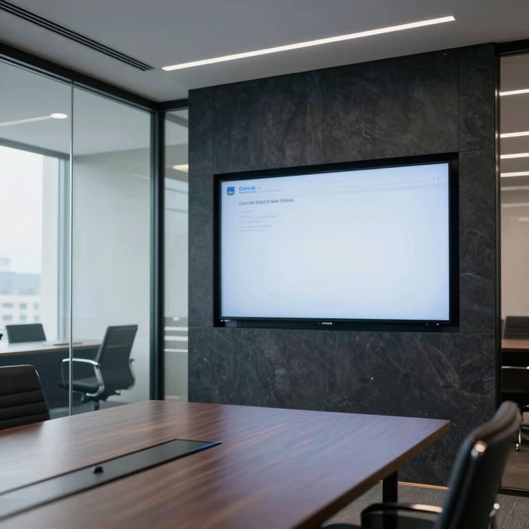 A sleek meeting room in a South American / Brazilian agency featuring glass walls and high-tech presentation screens with dark slate navy frames.