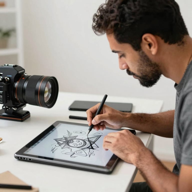 Professional photography of a South American / Brazilian creator sketching designs on a digital tablet in a brightly lit studio.