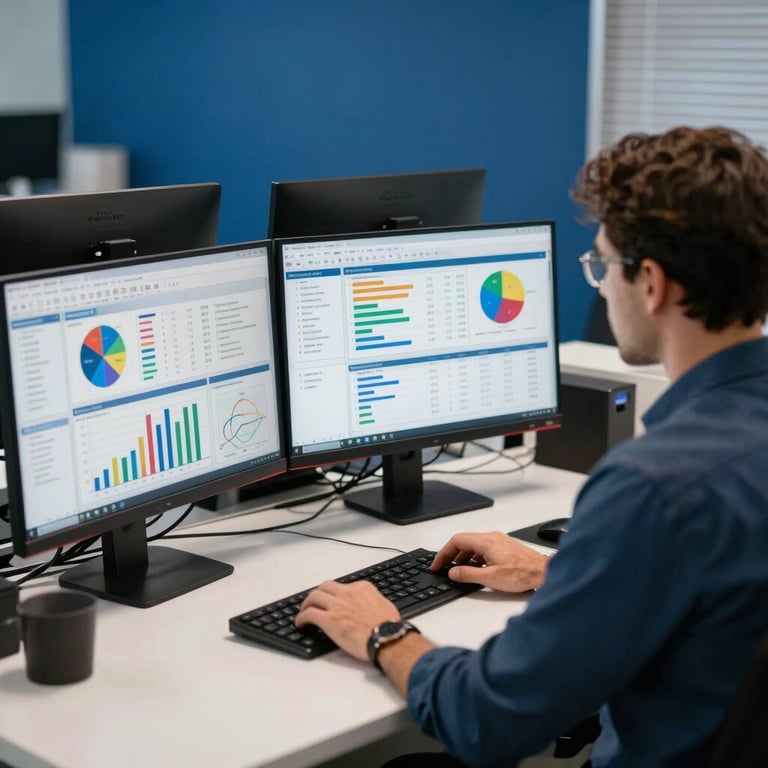 A South American / Brazilian professional working at a desk with multiple monitors showing marketing analytics in a modern royal blue office.