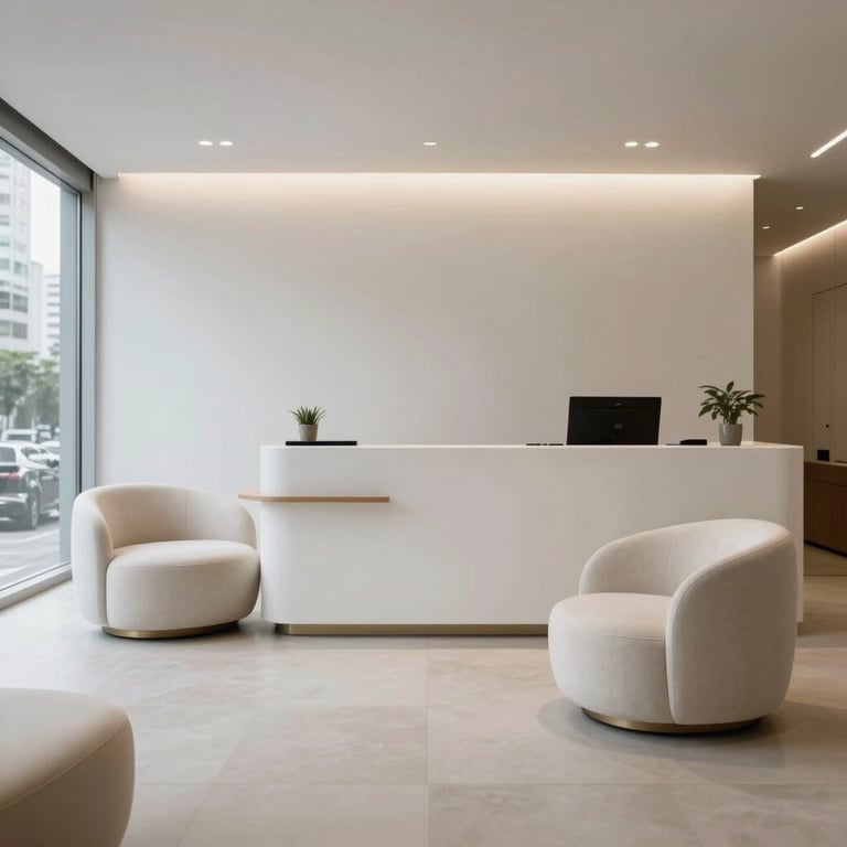 A wide shot of a contemporary agency reception area in a South American / Brazilian city, featuring minimalist soft off-white furniture.