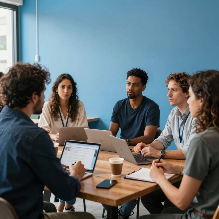 A group of diverse professionals having a creative brainstorming session in a South American / Brazilian co-working space with bright sky blue accents.