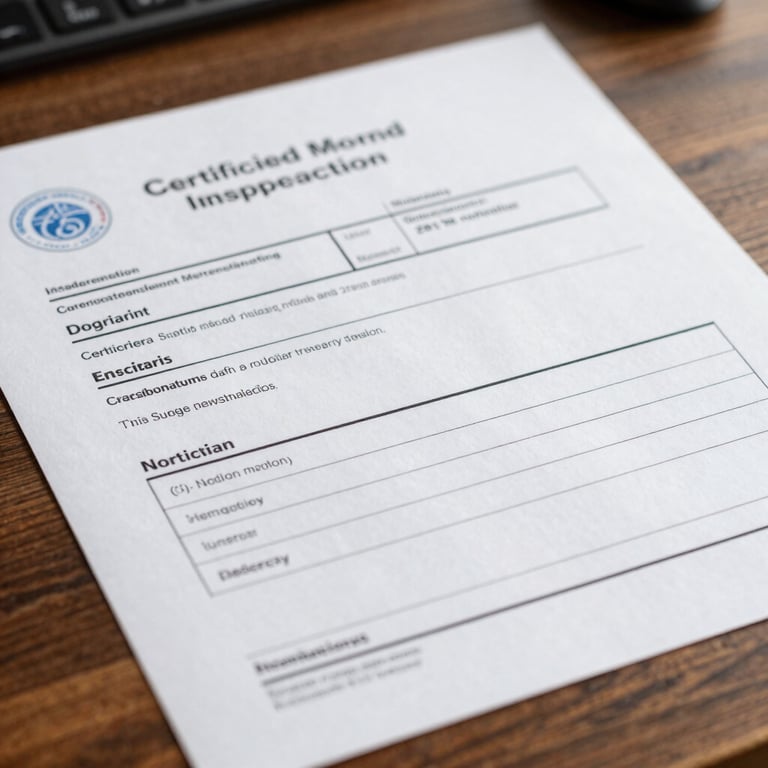 Close-up of a certified mold inspection report on a wooden desk, emphasizing authority and detail.