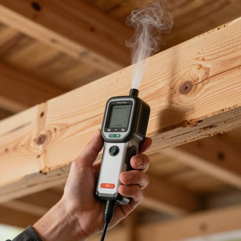 A technician's hand holding a moisture detection tool against a wooden beam in an attic setting.
