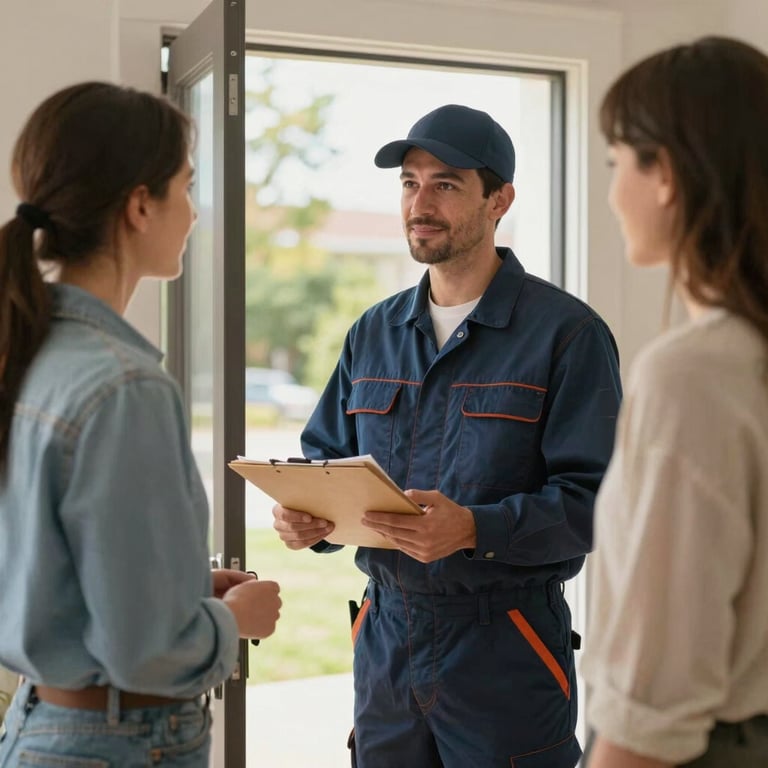 A professional technician in North American work attire providing a folder to a satisfied homeowner in a sunny doorway.