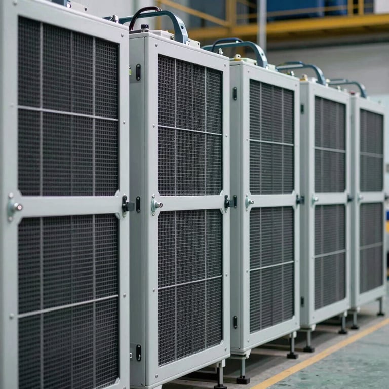 A row of industrial HEPA air scrubbers ready for deployment, clean and well-maintained.