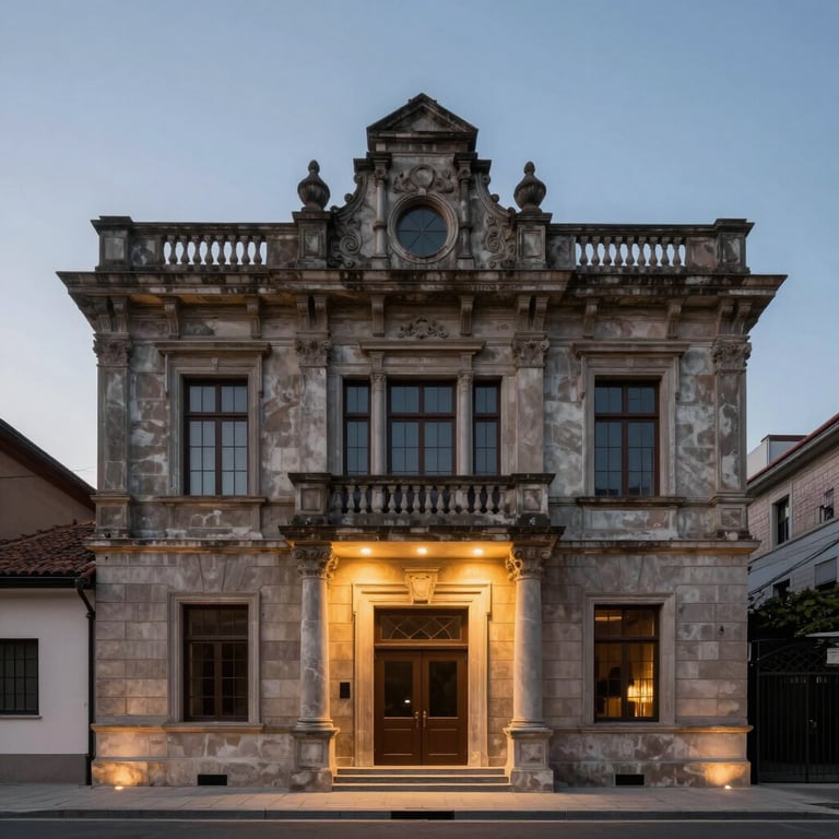 A restored historic building front with modern architectural lighting at dusk.