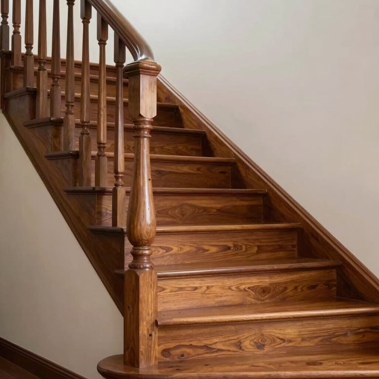 Detail of an elegant wooden staircase in a high-end Brazilian home.