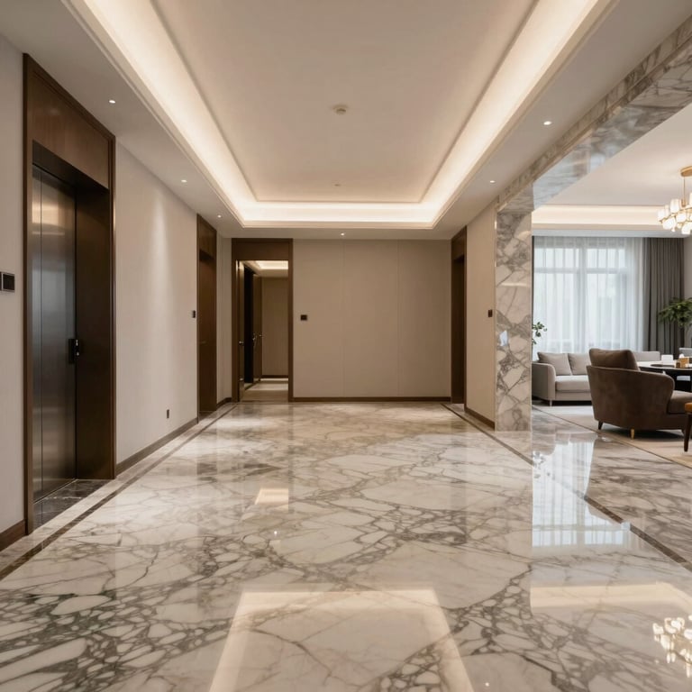 Interior of a luxury apartment showing high-end marble flooring and professional finishing.