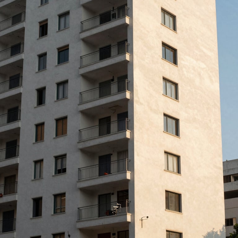 Modern residential building facade restored to perfection in a South American city, morning light.