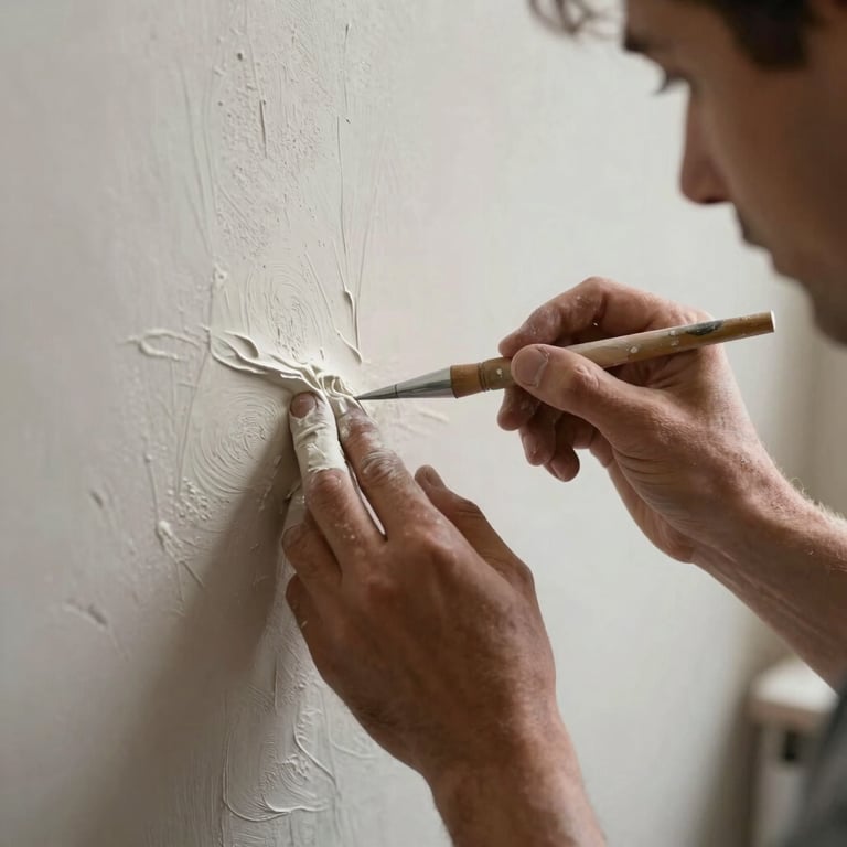 Close-up of a craftsman's hands applying a fine textured plaster on a wall.