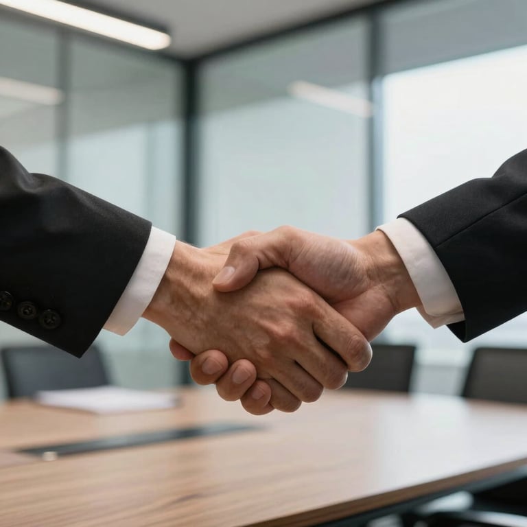 A close-up of a professional handshake in a sunlit, modern North American boardroom with glass walls.