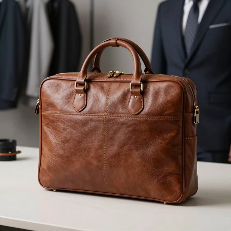 A detailed shot of a high-quality leather briefcase and professional attire in a minimalist workspace.